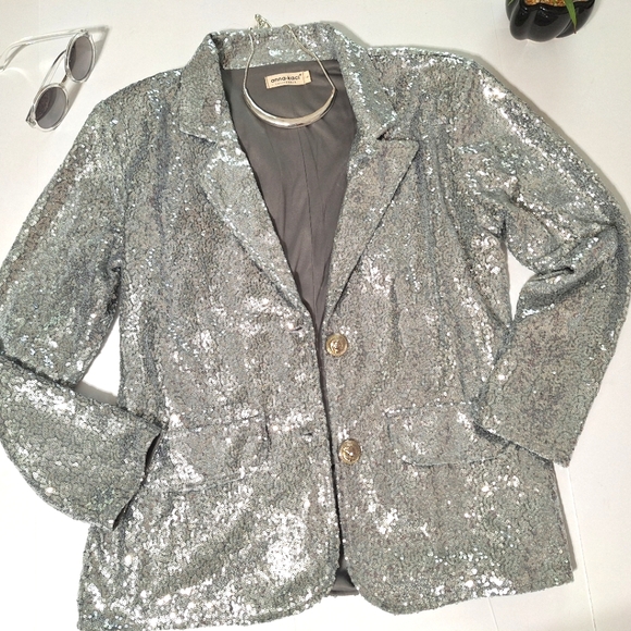 Anna Kaci Silver Sequin Sparkle Shiny Blazer - Picture 14 of 16
